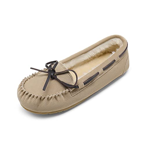 DREAM PAIRS Women's Shozie-01 Faux Fur Cozy House Slippers Suede Leather Moccasin Shoes for Indoor and Outdoor Wear,Sand, Size 11