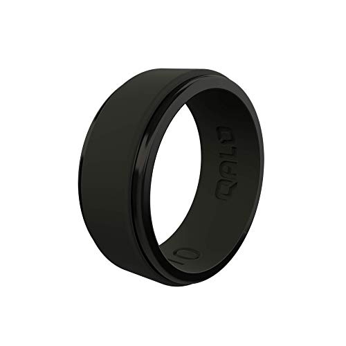 QALO Men's Rubber Silicone Ring, Polished Step Edge Rubber Wedding Band, Breathable, Durable Rubber Wedding Ring for Men, 9mm Wide 2mm Thick, Black, Size 9