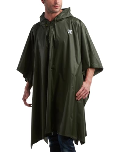 Hurley Adult Unisex Rain Poncho – Packable Hooded Lightweight Waterproof Raincoat – Slicker Poncho Rain Jacket, Men and Women, Olive