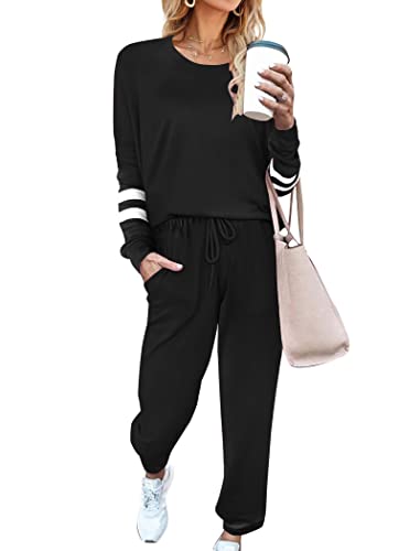 Ekouaer Sweatpants Sweatsuits 2 Piece Outfits Lounge Sets for Women Long Sleeve Tracksuit Set with Pockets Black