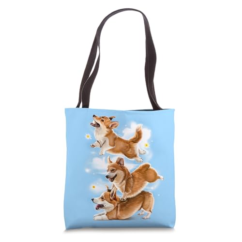 Corgi Dog Trio Playing and Catching Ball in the Clouds Tote Bag
