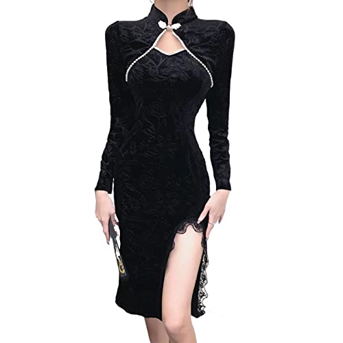 WDZIZFG French Improved Cheongsam Long Dress Beaded Long Sleeve Splicing Lace Edge Slim Open Mid-Length Gold Velvet Dress (Color : Black, Size : Medium)