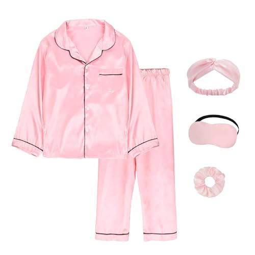 MEEYI Women's Classic Silk Satin Pajamas Loungewear Two-piece Sets Button Down Sleepwear Loungewear with Blindfold Hair Bands (Pink, XX-Large)