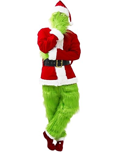 Earado Christmas Green Big Monster Santa Costume for Men 7 PCS Deluxe Furry Adult Santa Suit Xmas Holiday Outfit Set Include Mask L
