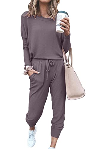 PRETTYGARDEN Women's 2024 Fall Two Piece Outfit Long Sleeve Crewneck Pullover Tops and Long Pants Tracksuit (Grey,Large)