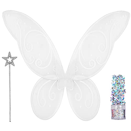 Funcredible Fairy Accessories Set - Fairy Wings, Fairy Wand with Fairy Glitter - White Tooth Fairy Wings - Halloween Cosplay Party Favors for Men, Women and Kids