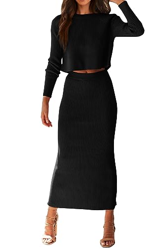 PRETTYGARDEN Women's Winter 2 Piece Sweater Set Rib Knit Long Sleeve Crop Top Maxi Bodycon Skirt Casual Outfits (Black,Small)