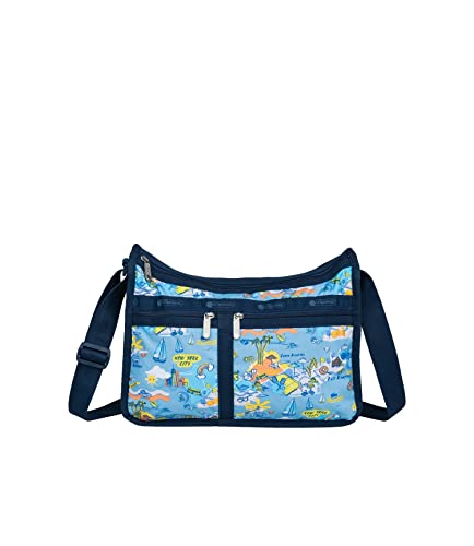 LeSportsac City Retreat Deluxe Everyday Crossbody Bag + Cosmetic Bag, Style 7507/Color F953, Ultimate New York City & Hamptons/Montauk Iconic Graphic Design: Beaches, Boating, Jitney & Bicycling