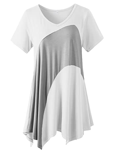 LARACE Plus Size Tops for Women V Neck Summer Shirt Short Sleeve Blouses Patchwork Tunics(White,2X)