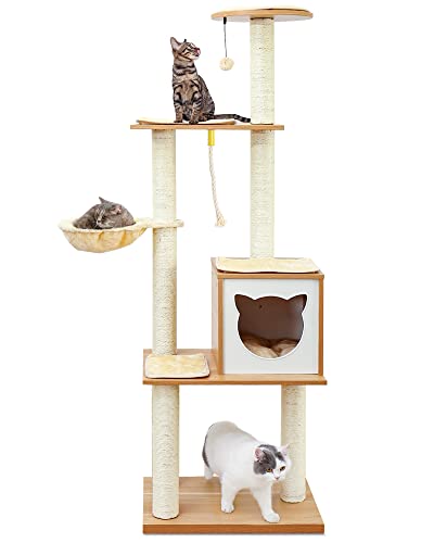 Made4Pets Cat Tree for Indoor Cats Modern Cat Tower 65' Tall Wood Kitten Condo with Hammock for Small Large Cats, Multi-Level Cat Climbing Furniture with Scratching Post and Removable Pads