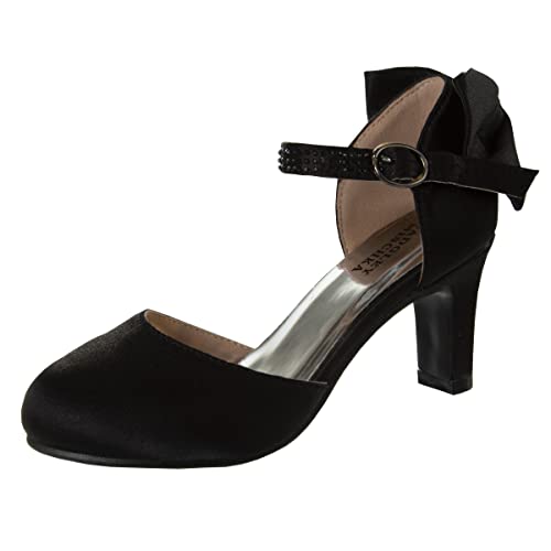 Badgley Mischka Girls Dress Shoes - Kids High Heel Pumps Slip-On Party Block Closed Toe Sandal Satin with Bow (Black) (Big Kid Size 5)