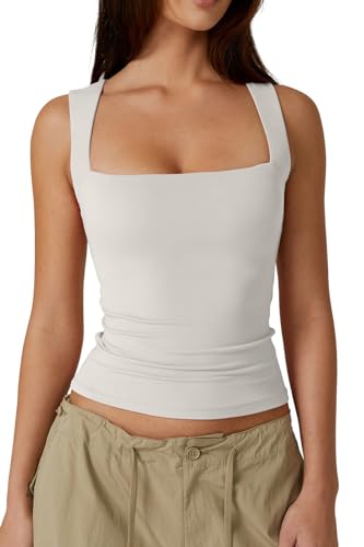 QINSEN Womens Tank Top Sleeveless Square Neck Casual Basic Fitted T- Shirts White L