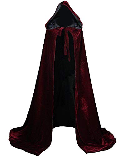 LuckyMjmy Velvet Renaissance Medieval Cloak Cape Lined with Satin (Medium, Wine Red-Black)