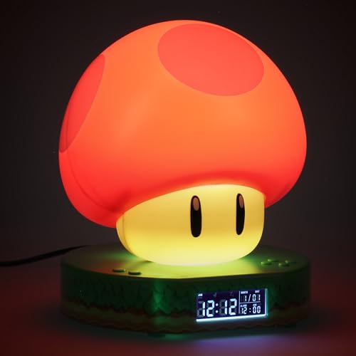 Paladone Super Mario Bros Mushroom Digital Alarm Clock with Power Up Game Sound and Night Light Glow, Licensed Nintendo Lamp for Kids Themed Bedroom and Bedside - 13.7 cm