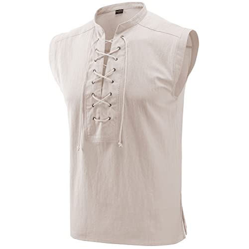 Moomphya Mens Pirate Renaissance Viking Steampunk Medieval Gothic Shirt Retro Victorian Halloween Costume (Large, Beige)