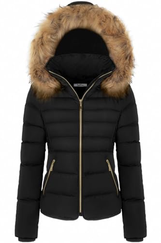 BodiLove Women's Fur Hooded Utility Jacket With Zipper and Fannel Lining Black M