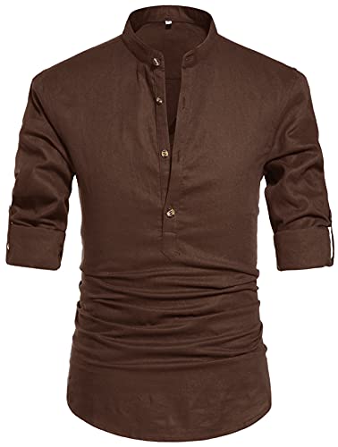 NITAGUT Men Henley Neck Long Sleeve Daily Look Linen Shirts Casual Beach T Shirts (US L/Chest 42-45, 08 Coffee)