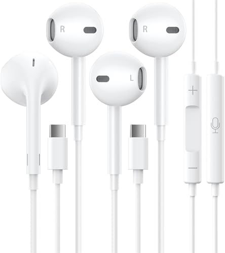 2 Packs USB C Headphones for iPhone 15 Earbuds with Microphone & Volume Control HiFi Stereo Type C Earphones for Galaxy S23/S22/S21/S20/Ultra Note 10/20, for iPad Pro Pixel 7/6/6a/5/4 OnePlus 9 8