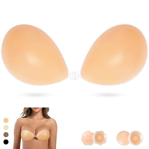 PHODIL Sticky Strapless Bra, Invisible Push Up Adhesive Bra,Backless Silicone Bras Washable for Women with Nipple Covers（Creme/B）