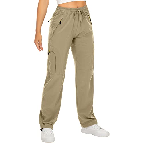 Women's Hiking Pants Quick Dry UPF 50 Travel Golf safari running lightweight Camping Work Cargo Pants Zipper Pockets,6608,Khaki,L