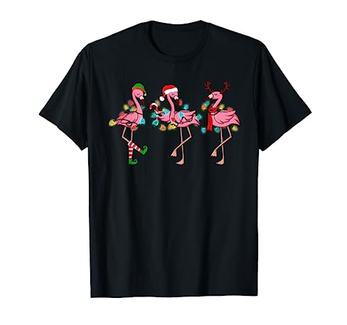 Christmas Lights Pink Flamingo Santa Hat Holiday Xmas T-Shirt