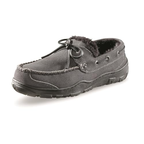 Guide Gear Suede Leather Moccasins for Men, Bedroom House Slippers, Indoor and Outdoor Shoes, Gunmetal, 10D (Medium)