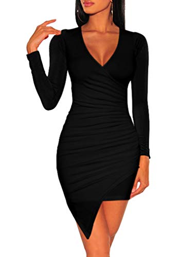 ZileZile Women's Sexy Bodycon Long Sleeve Ruched Deep V Neck Wrap Club Mini Dress Black