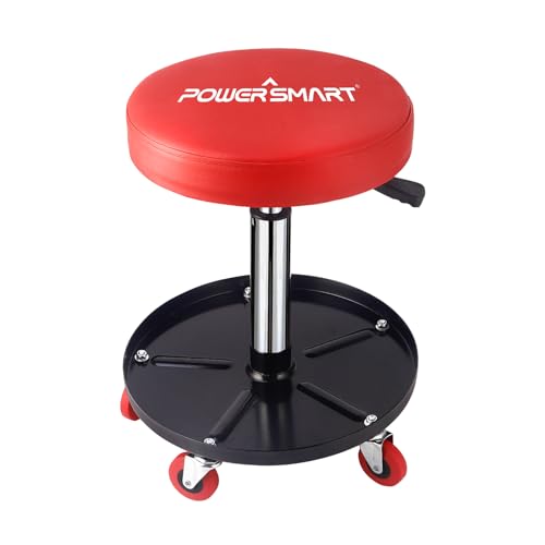 PowerSmart Rolling Mechanics Seat, 300 LBS Capacity Heavy-Duty Pneumatic Adjustable Garage Stool with Tool Tray Storage