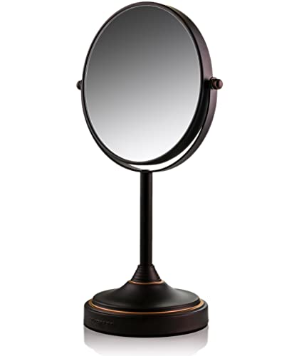 OVENTE 7'' Tabletop Makeup Mirror with Stand, 1X & 7X Magnifier, Spinning Double Sided Round Vanity Mirror, Ideal for Dresser, Bedroom, Office & Bath, Antique Bronze MNLCT70ABZ1X7X