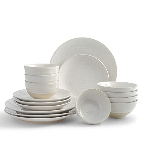 Sango Siterra 16-Piece Stoneware Dinnerware Set with Round Plates and Bowls, White