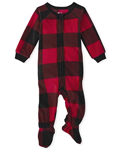 The Children's Place Kids' Baby/Toddler One Piece Family Matching, Christmas Pajama Sets, Fleece, Red/Black Check, 0-3 Months