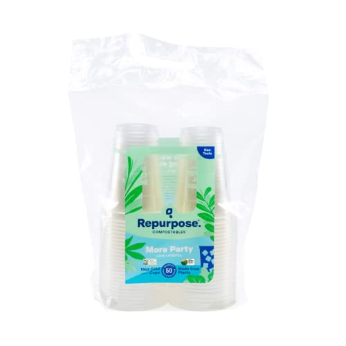 Repurpose 100% Compostable Plant-Based Clear Cold Cup | 16 Ounce Party Cups | 50 Cups