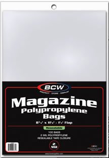 BCW Resealable Magazine Bags - 1 Pack of 100 | Acid-Free, Clear Polypropylene Sleeves for Archival-Quality Storage of Collectible Magazines | Protect and Showcase Your Valuable Comic Book Collection