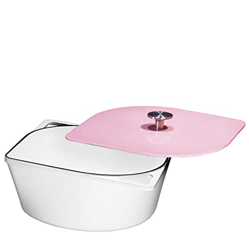 Bruntmor 3 Quart Cast Iron Enameled Dutch Oven - Modern Squoval Design - Nonstick Seasoned Pot with Stainless Steel Knob - Ideal for Christmas/Thanksgiving Dinner - White with Pink Lid