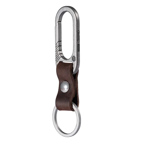 KeyUnity KM02 Titanium Belt Clip Carabiner Leather Keychain Holder with Removable Stainless Steel Key Ring (Sandblasted)