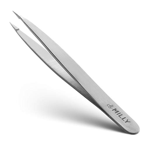 By MILLY Pointed Tweezers | High Carbon Stainless Steel Needle Nose Tweezers | Fine Point Tweezers Precision Hair Removal | Perfectly Aligned & Hand-Filed Sharp Tweezers | Silver