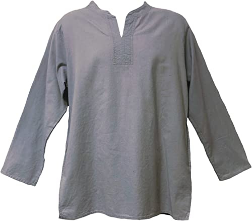 Tunic Hand-loomed Cotton Kurta Split Neck Shirt (Medium, Grey)