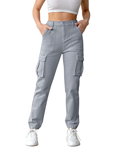Womens Casual High Waisted Jogger Cargo Pants with Pockets, Women's Cargo Lightweight Hiking Joggers Pants Grey