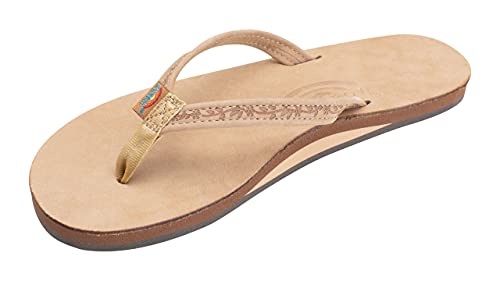 Rainbow Sandals Ladies Las Flores - Single Layer Premier Leather with a Floral 1/2' Narrow Strap, Sierra Brown, Ladies 8.5-9.5