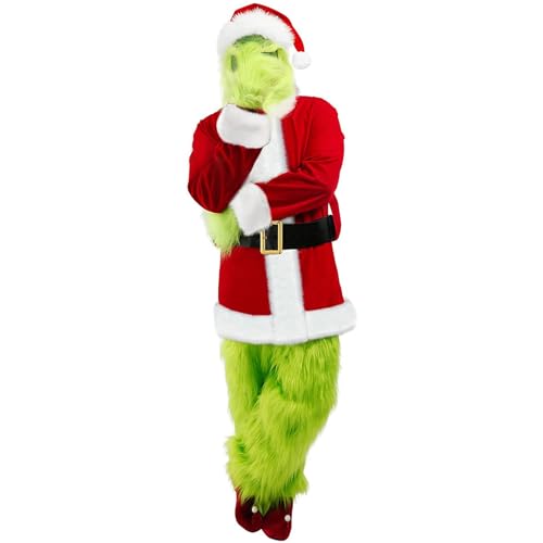 QwayHome Christmas Green Big Monster Costume for Adult, 7Pcs Deluxe Green Santa Cosplay Furry Suit with Mask for Men Women (S-M)