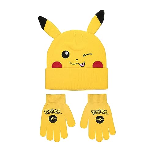 Bioworld Pokemon Pikachu Cuff Hat With 3D Ears And Matching Gloves Multicolored