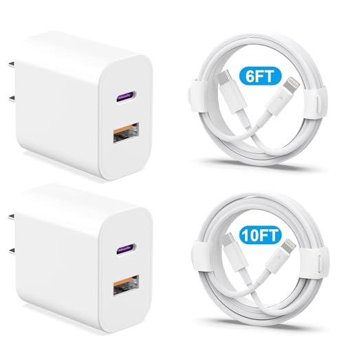 Phone Charger 2 Pack 20W Dual Port QC + PD 3.0 Power Adapter Fast Wall Charger Block with 6FT&10FT Super Fast Charger Cable for iPhone 14 13 12 11 Pro Max XR XS X,iPad More