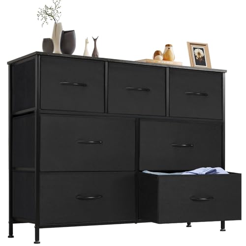 Dresser, Dresser for Bedroom, Storage Drawers, TV Stand Fabric Storage Tower with 7 Drawers, Chest of Drawers with Fabric Bins, Wooden Top for TV up to 45 inch, for Kid room, Closet, Entryway, Nursery