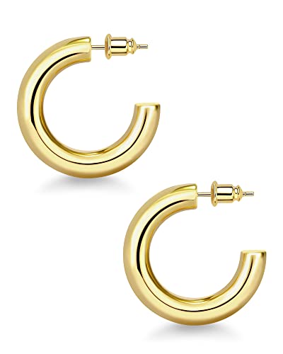 Chunky Gold Hoop Earrings, Thick Gold Hoop Earrings for Women 14K Real Gold Plated 30mm Big Open Hoops Lightweight