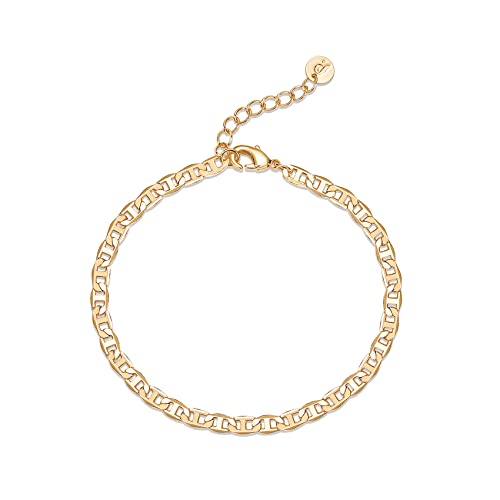 PAVOI 14K Gold Plated Paperclip/Curb/Figaro Chain Adjustable Bracelet for Women (Cuban, Yellow Gold Plated)