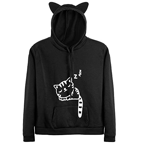 RGOSME Cat Hoodie for Women Girl Sleeping Cat Printed Pullover Sweatshirt Tops (Black,M)