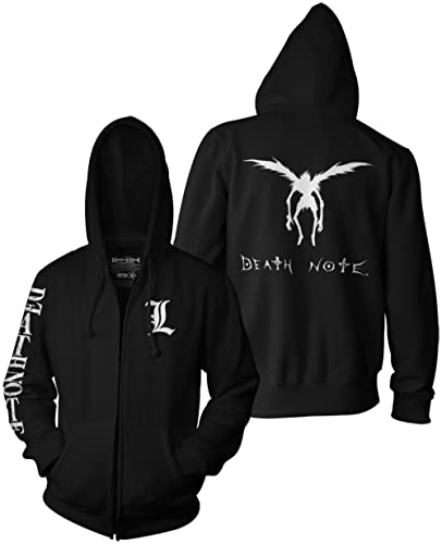 Ripple Junction Death Note L Chest Logo Ryuk Silhouette Adult Anime Full Zip Fleece Hoodie Officially Licensed X-Large Black