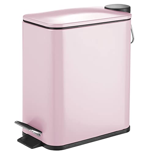 mDesign Slim Metal Rectangle 1.3 Gallon/5 Liter Trash Can with Step Pedal, Easy-Close Lid, Removable Liner - Narrow Wastebasket Garbage Container Bin for Bathroom, Bedroom, Kitchen - Matte Blush Pink