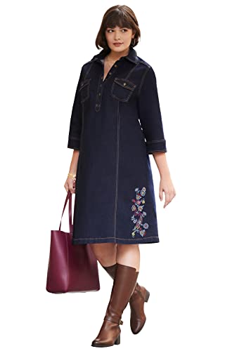 Woman Within Women's Plus Size Denim Dress - 14 W, Indigo Paisley Flowers Blue