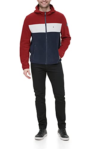 Tommy Hilfiger Men's Hooded Polar Fleece Jacket, Red/ice/Navy, Large